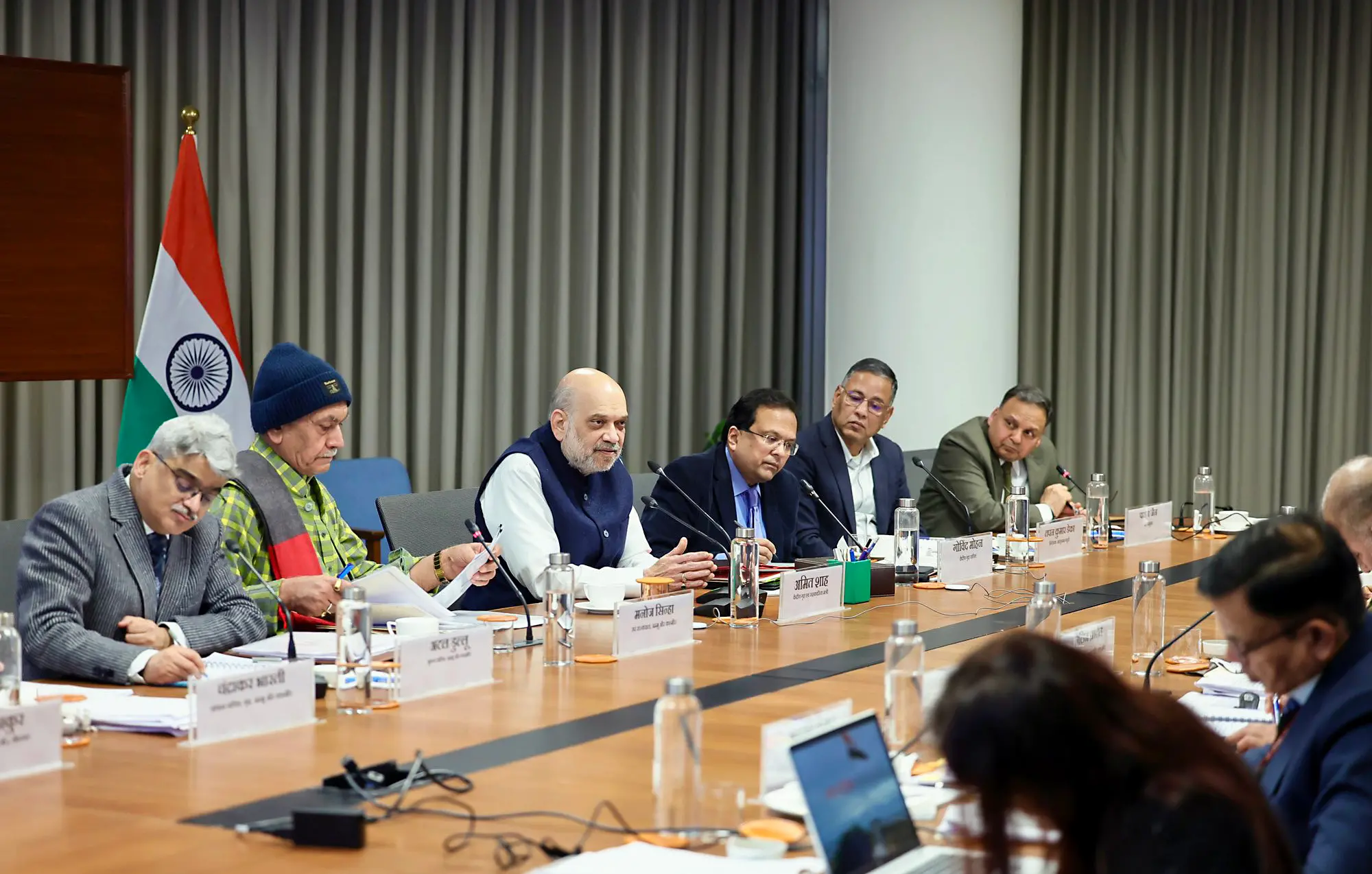 Union Home Minister Amit Shah chairs a security review meeting for Jammu and Kashmir along with UTs Lieutenant Governor Manoj Sinha, on Thursday.| Photo: (@AmitShah X/ANI Photo)