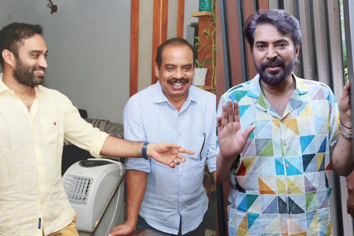 Akhil Sathyan with his father Sathyan Anthikad; Mammootty | Photos: Mathrubhumi