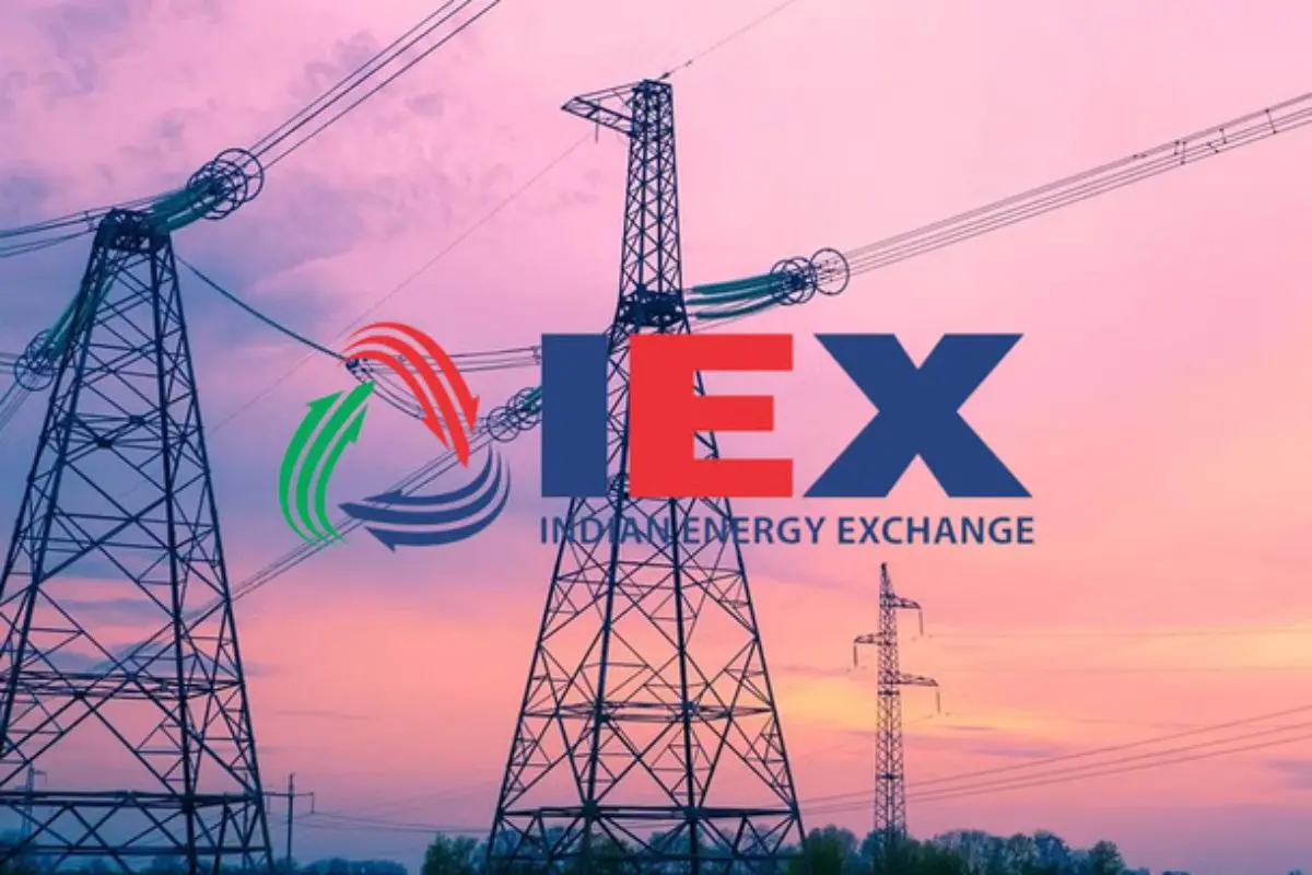 The Indian Energy Exchange (IEX) logo displayed on a screen as the iex share price slipped during the APTEL hearing on the market coupling case, amid continued regulatory uncertainty over the CERC order.