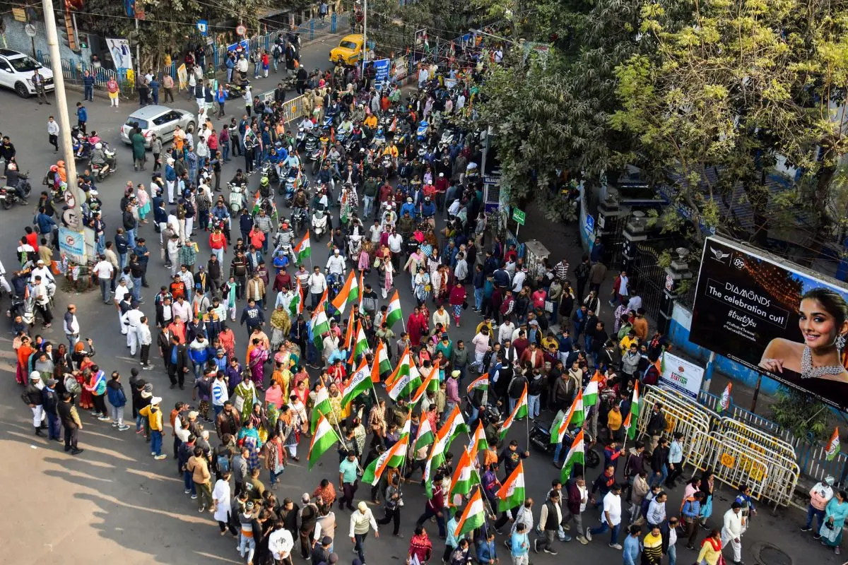 MC leaders during a protest rally from Jadavpur to Hazra Crossing against the ED raid on the IPAC office, in Kolkata on Friday (Photo: ANI)