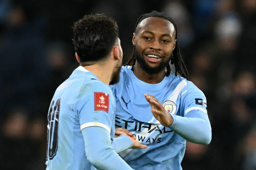 Manchester City's Antoine Semenyo celebrates scoring the team's sixth goal