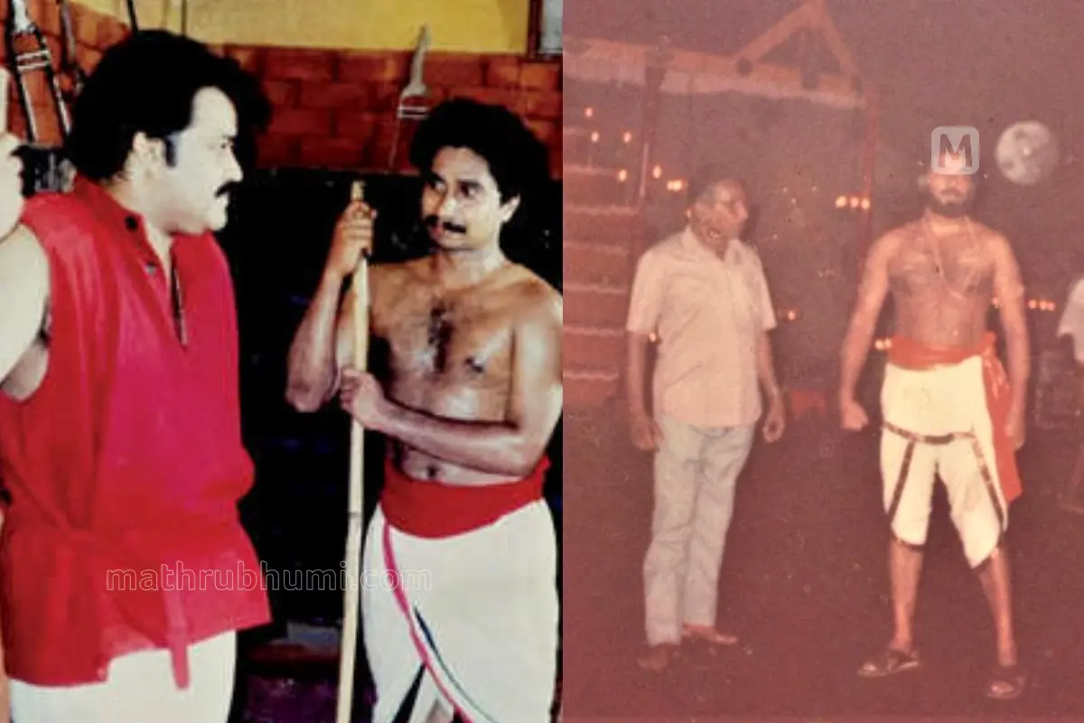 'തച്ചോളി വർഗീസ് ചേകവർ' എന്ന സിനിമയുടെ ഷൂട്ടിങ്ങിനിടെ മോഹൻലാൽ അനിൽകുമാർ ഗുരുക്കൾക്കൊപ്പം, മമ്മൂട്ടി 'ഒരു വടക്കന് വീരഗാഥ' ഷൂട്ടിങ്ങിനിടെ | Photo: www.cvnkalari.com