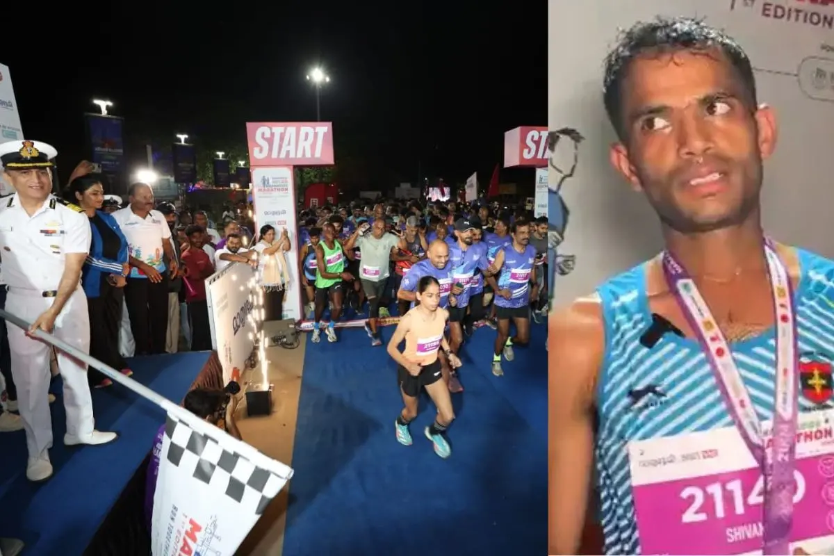 Commandant Sandeep Singh flags off Mathrubhumi Kozhikode Marathon, 21km winner Shivam C Tomar | photo: Mathrubhumi