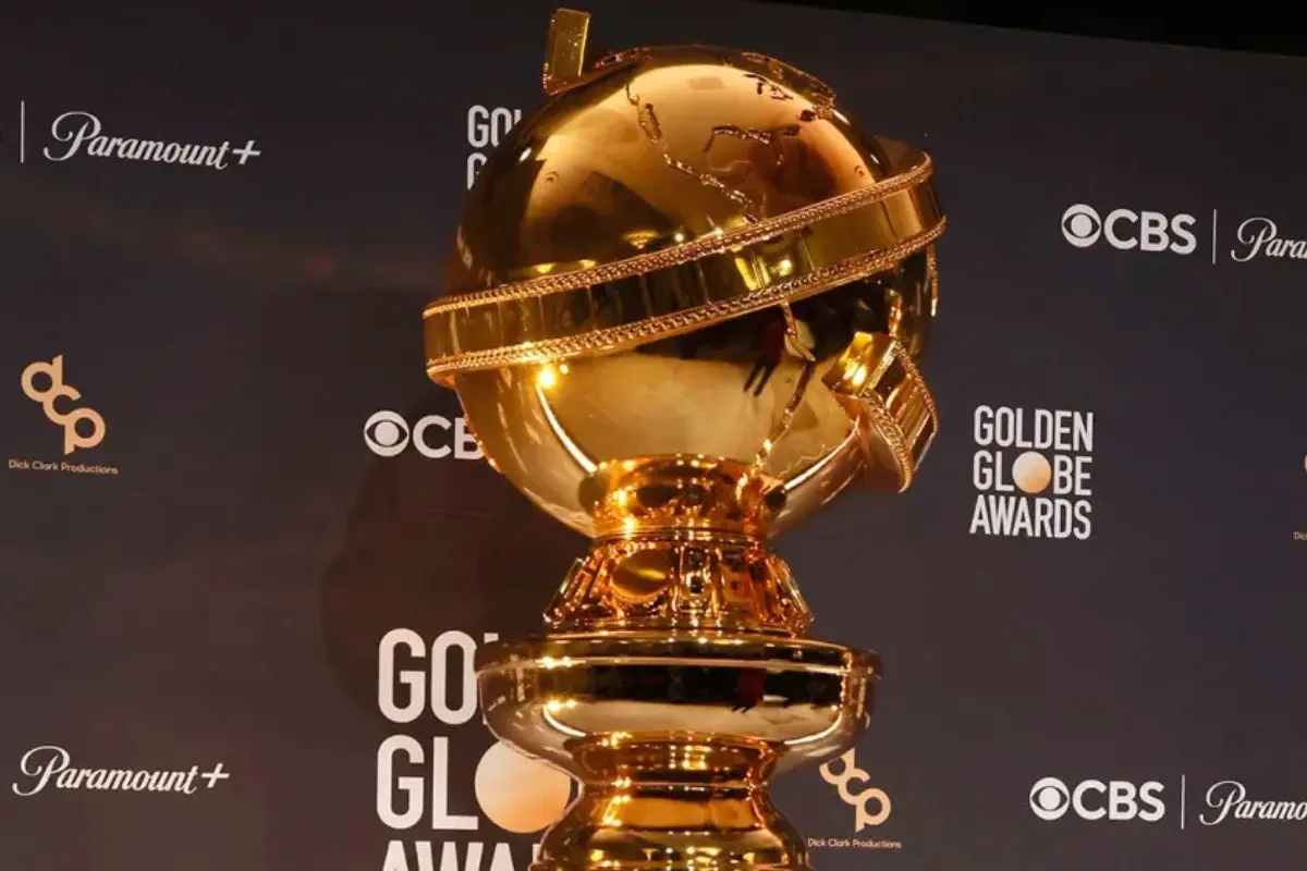 The Golden Globe Awards trophy on display at the Beverly Hilton Hotel ahead of the 2026 ceremony, marking the start of Hollywood's annual awards season.