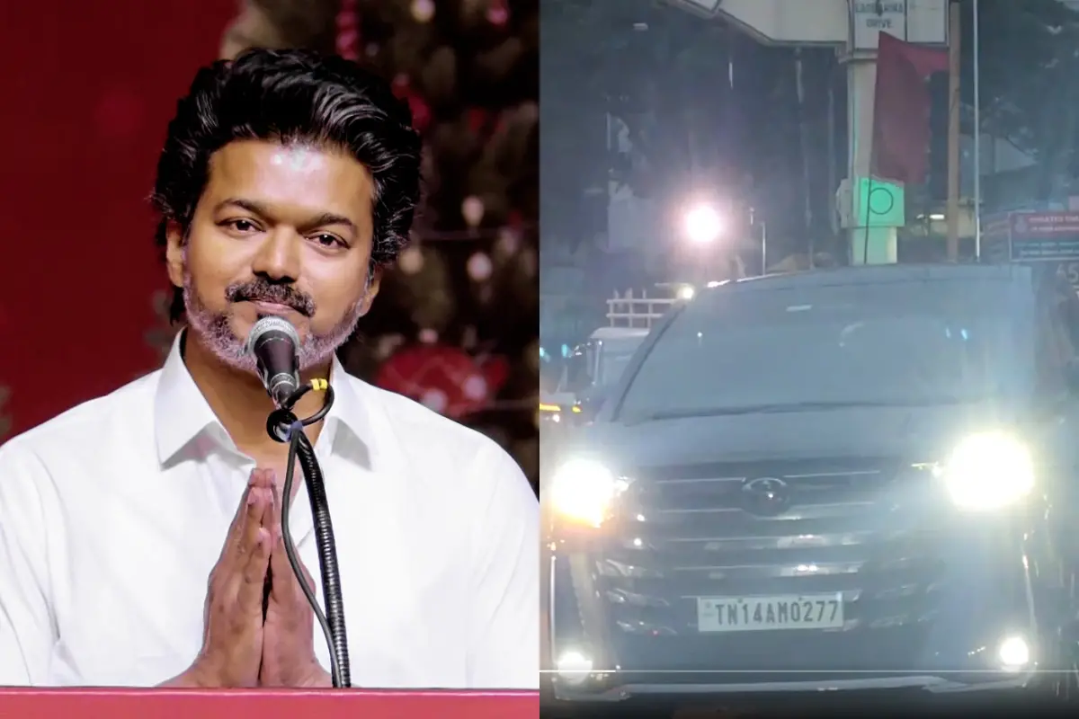 വിജയ്, വിജയ് നീലാങ്കരയിലെ വസതിയില്നിന്ന് പുറപ്പെട്ടപ്പോള് | Photo: PTI, Screen grab/ IANS