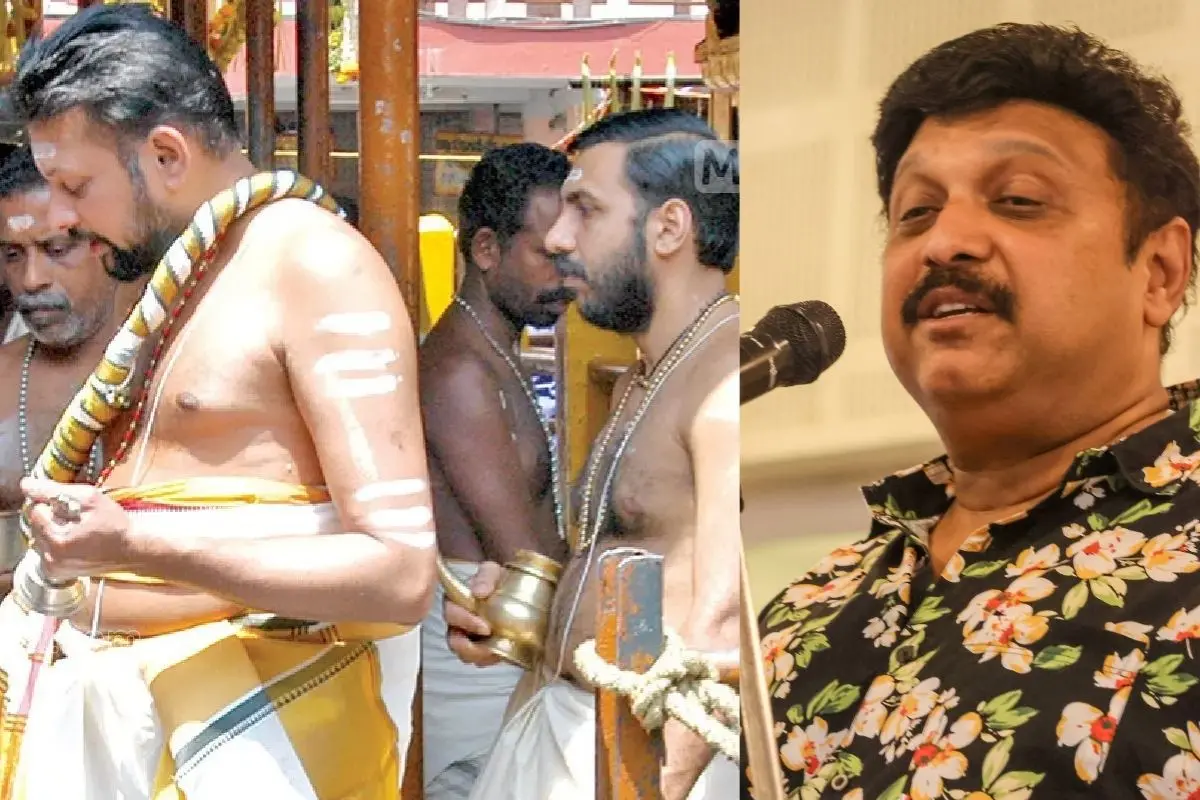 Former Sabarimala tantri Kandararu Rajeevaru with Unnikrishnan Potti; K B Ganesh Kumar | Photos: Mathrubhumi