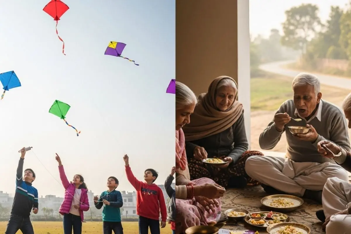 Makar Sankranti with vibrant kite flying and traditional dahi-chura