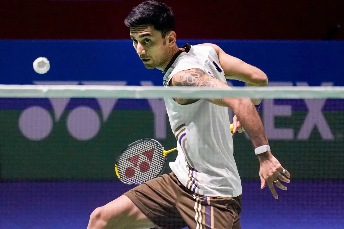 India's Lakshya Sen returns to compatriot Ayush Shetty during the men's singles round of 32 match at the India Open 2026 badminton tournament (Photo: PTI)