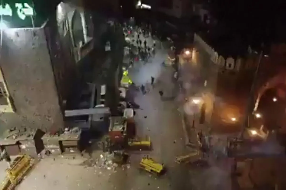 : An aerial view of the stone pelting incident that took place during the anti-encroachment demolition drive by MCD near Faiz-e-Elahi Masjid, Turkman Gate. (Delhi Police/ANI Video Grab)