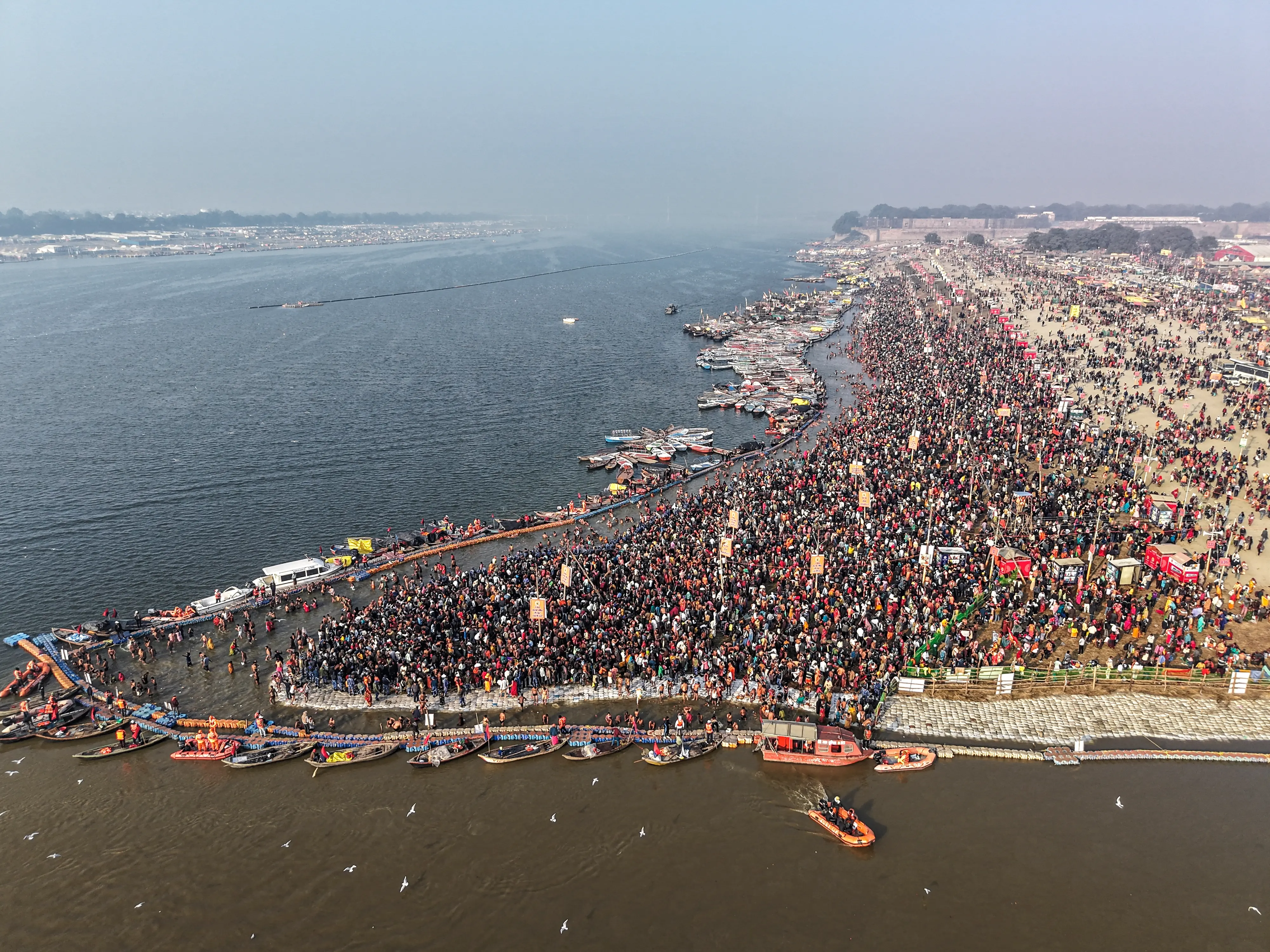 People gather to take a holy dip at the Sangam on the occasion of 'Makar Sankranti' festival, during the ongoing 'Magh Mela', in Prayagraj | Photo: PTI