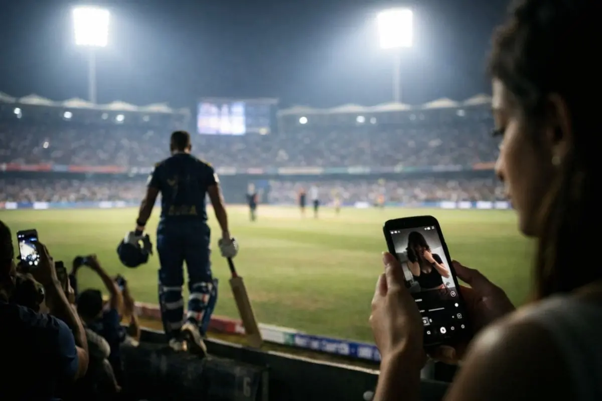A floodlit IPL night, a cricketer walking off the field, and a phone screen chasing virality — where the game ends and the reel begins. Representative photo: AI