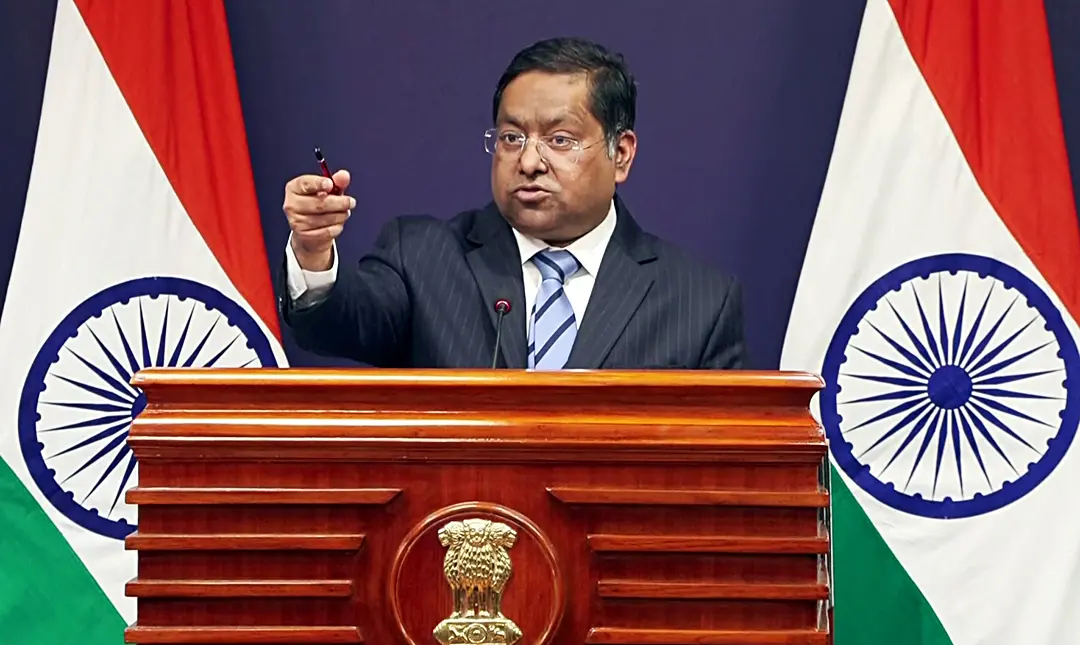 MEA spokesperson Randhir Jaiswal addresses a press conference, in New Delhi on Friday.| Photo: ANI