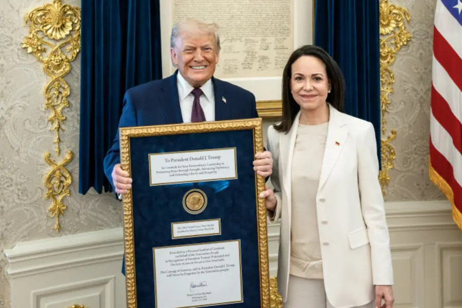 USA President Donald J. Trump meets with Venezuelan opposition leader María Corina Machado in the Oval Office, during which she presented the President with her Nobel Peace Prize in recognition and honour