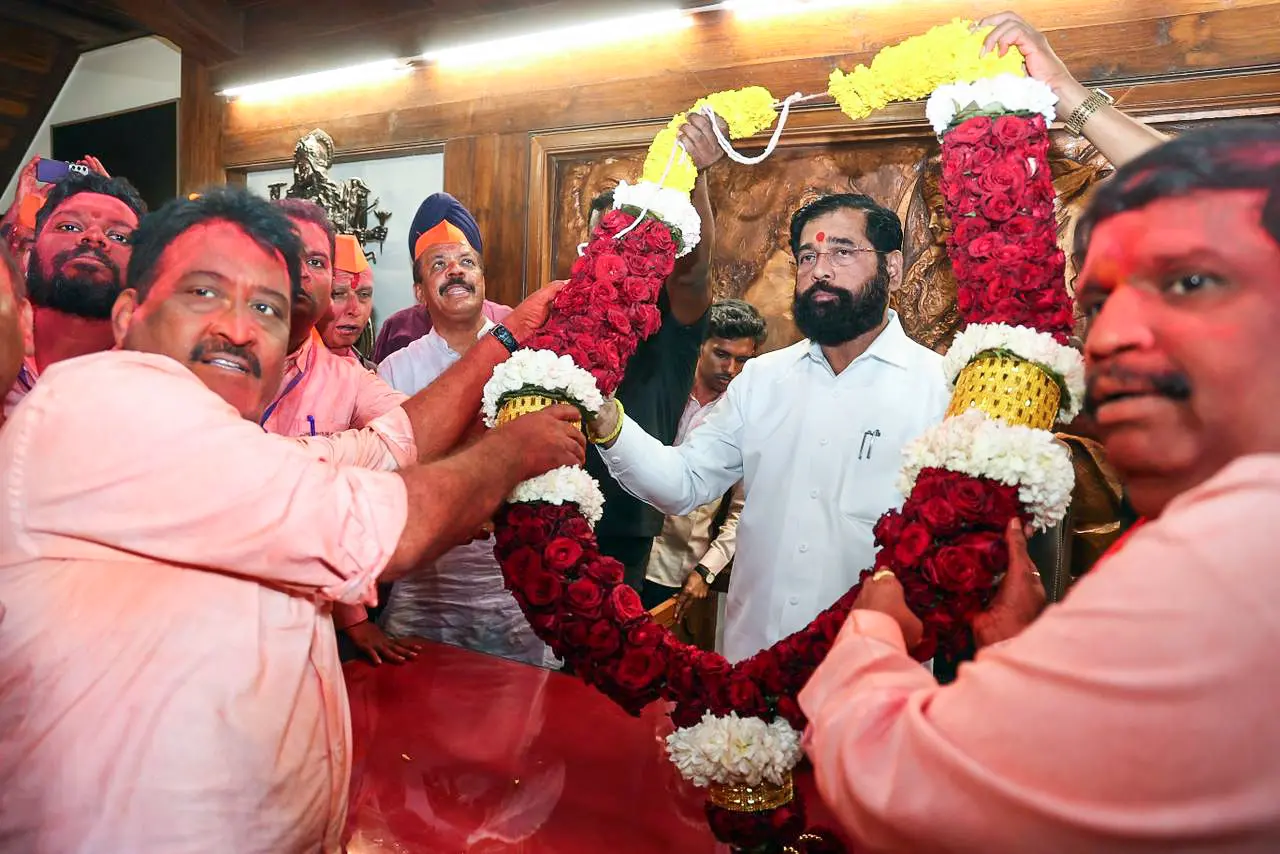 Maharashtra Deputy Chief Minister Eknath Shinde being garlanded after Bharatiya Janata Party wins the Municipal Corporation elections | ANI