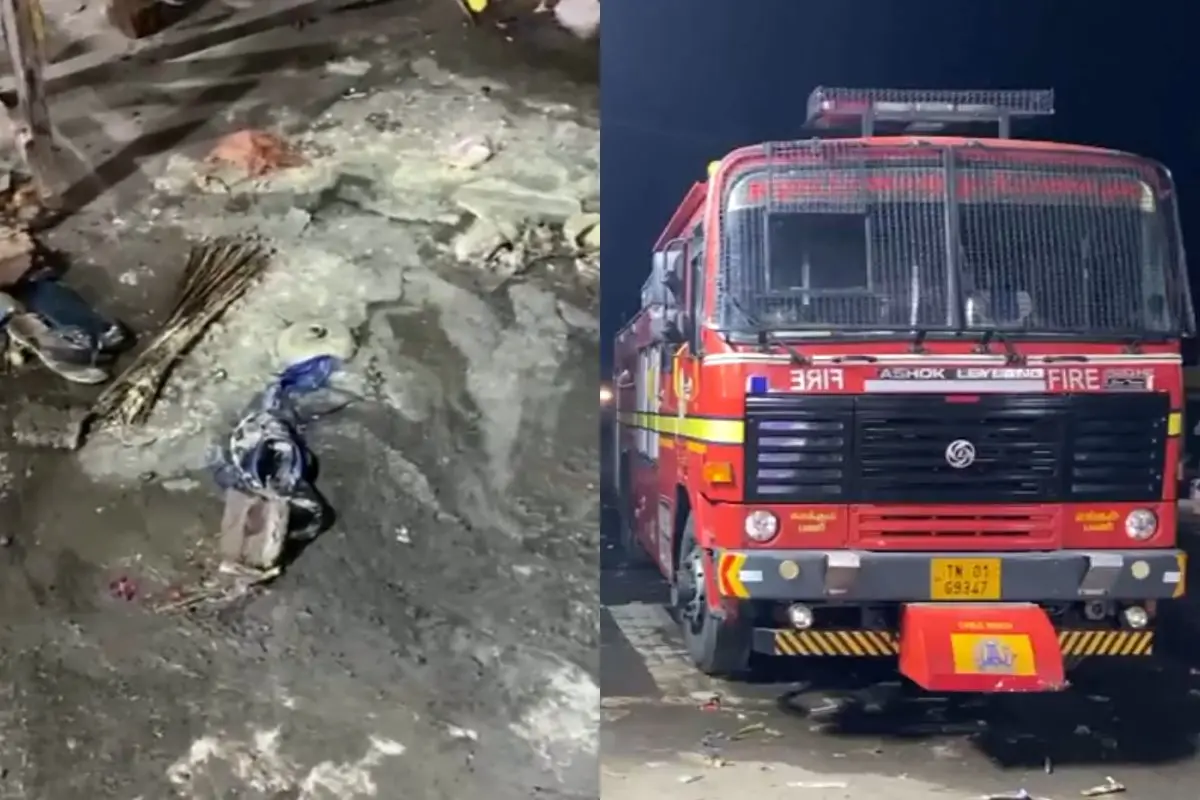Scenes from the accident and a fire brigade vehicle at the site | Photo: Screen grab X/ANI