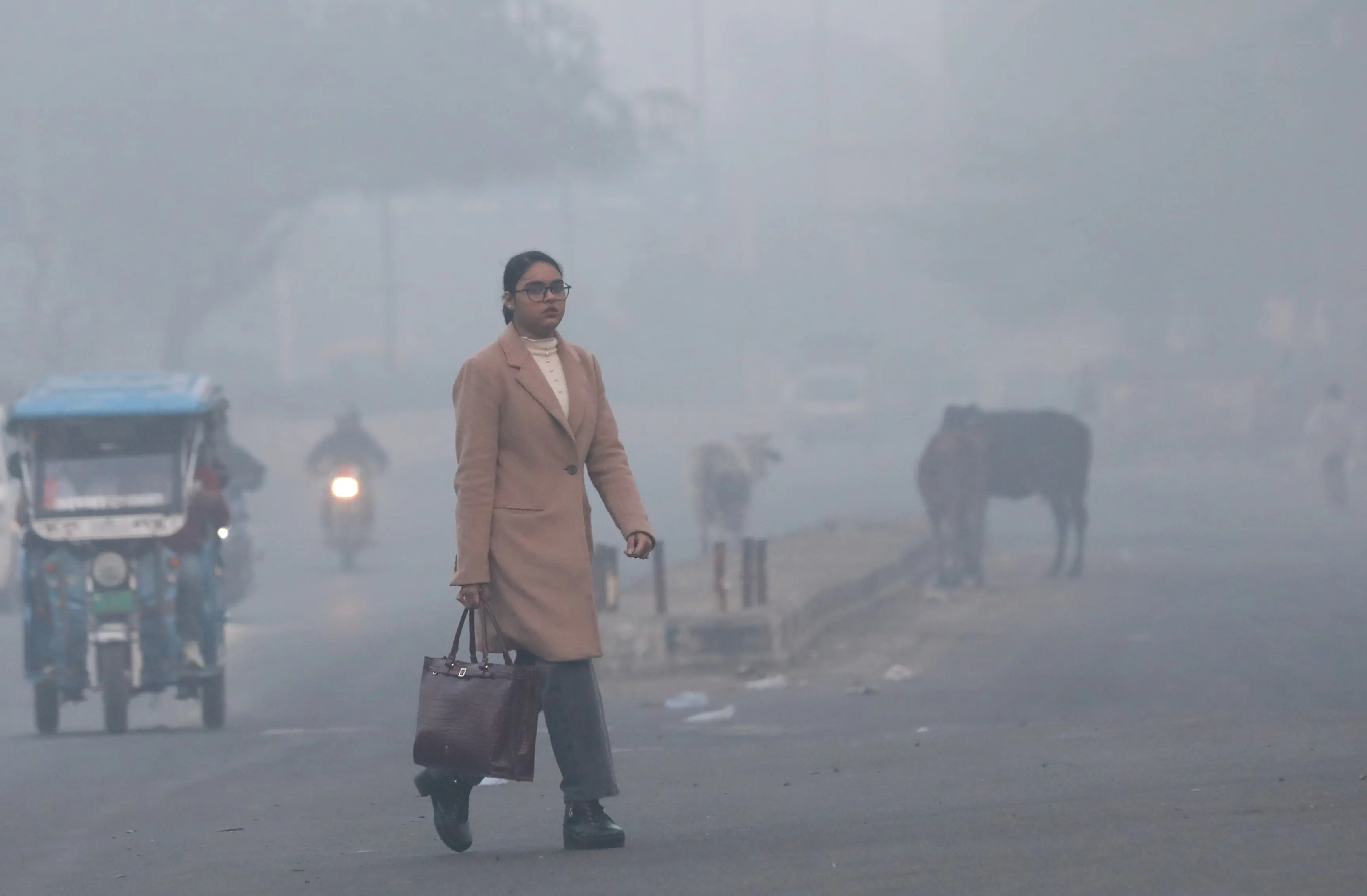 A woman pedestrian and other commuters amid a dense smoggy morning, in New Delhi | Photo: ANI