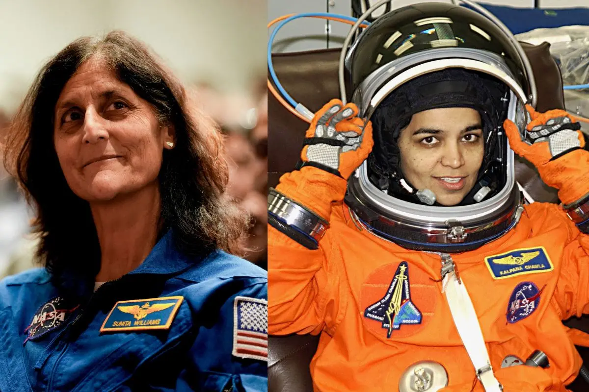 US space shuttle Columbia STS-107 Mission Specialist US Kalpana Chawla (Indian born) tries on her ascent/descent suit 14 January 2003, Sunita Williams (Photo: AFP, PTI)