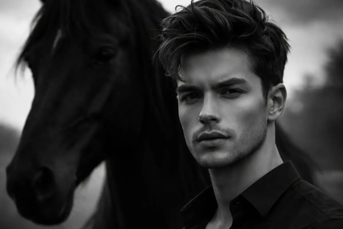 A stylised black-and-white portrait featuring a man with a black horse in the background, reflecting the viral AI-driven "Aura Farming" photo trend on social media.