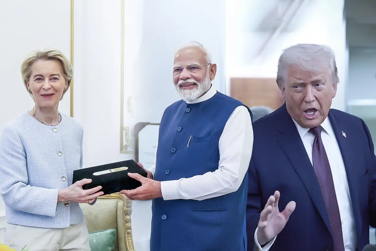 പ്രധാനമന്ത്രി നരേന്ദ്ര മോദി യൂറോപ്യൻ കമ്മീഷൻ പ്രസിഡന്റ് ഉർസുല വോണും/ അമേരിക്കൻ പ്രസിഡന്റ് ഡൊണാൾഡ് ട്രംപ് | Photo: ANI
