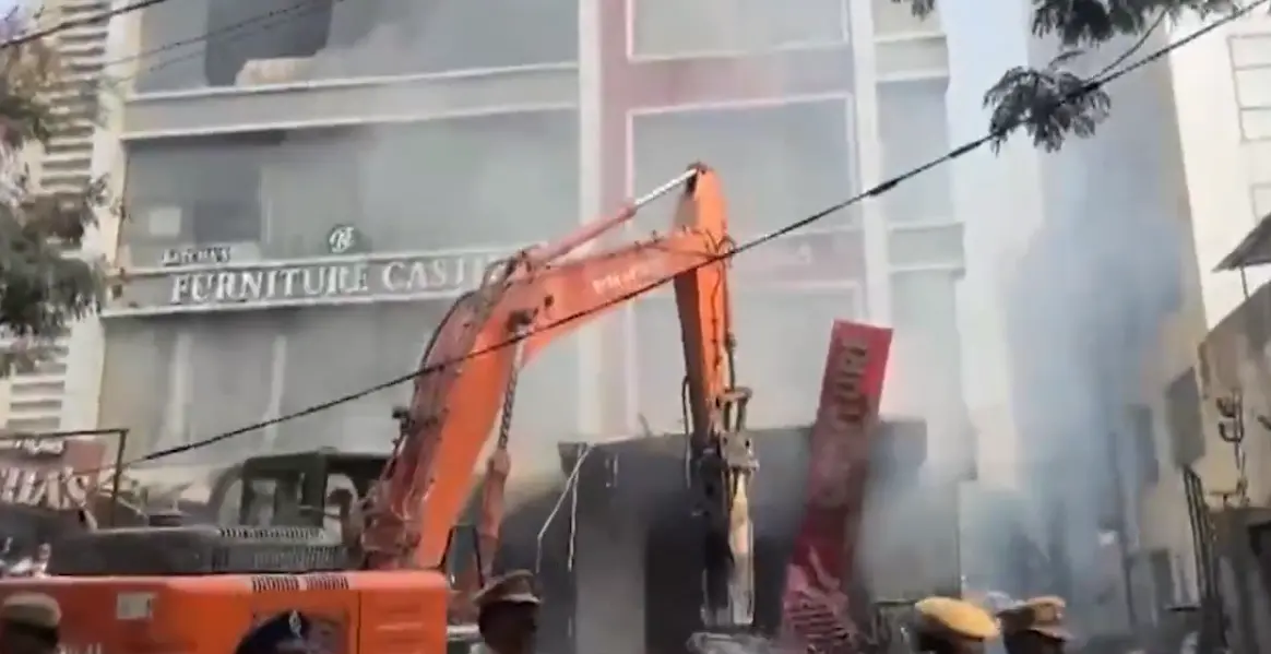 Firefighting and rescue operations are ongoing at a four-storey furniture shop in Nampally after fire broke out yesterday