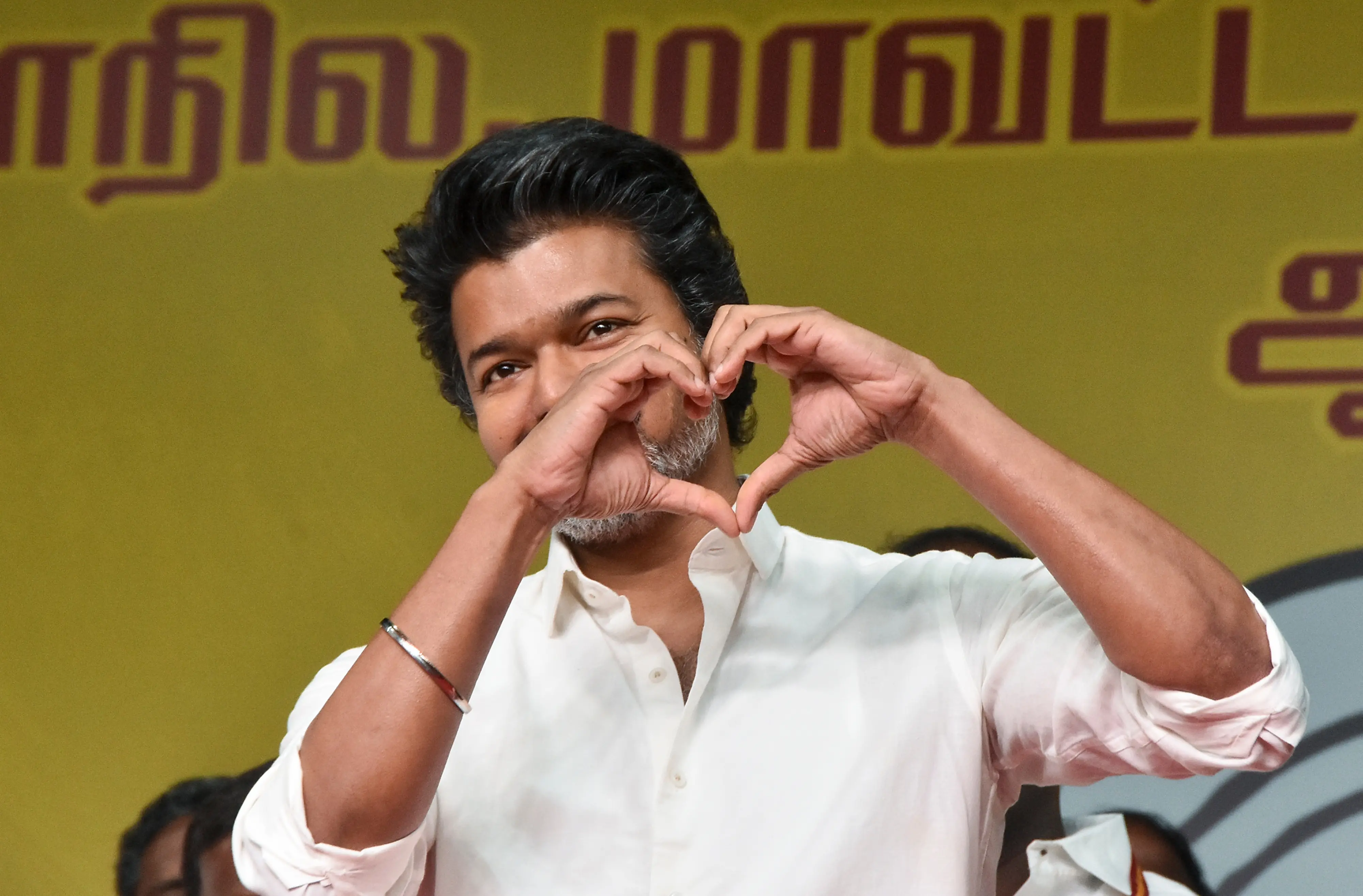 TVK Chief Vijay gestures during a state and district-level Executive Cadre Consultation Meeting, at Mamallapuram |PTI
