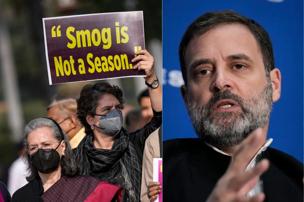 Congress MPs Sonia Gandhi and Priyanka Gandhi at a protest over the issue of air pollution in the national capital, during the Winter session of Parliament, in New Delhi and Indian opposition leader Rahul Gandhi.| Photo: PTI