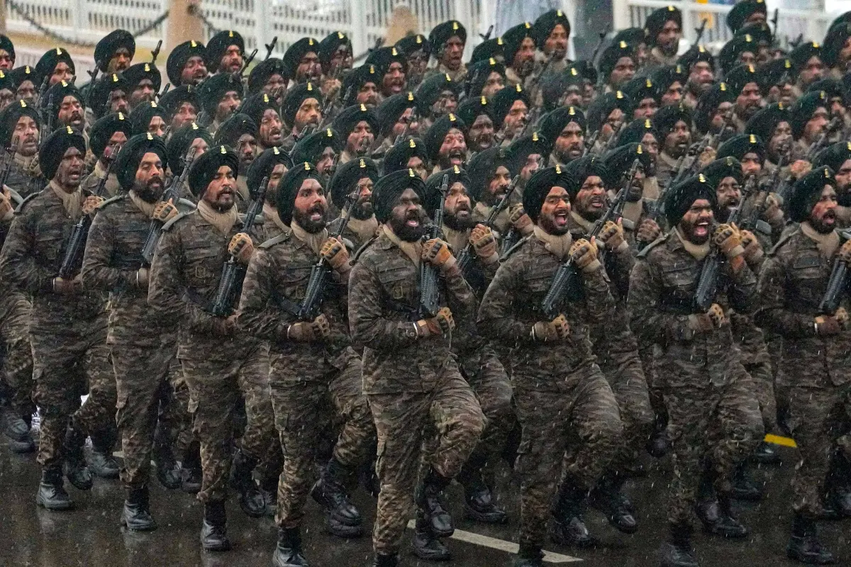 Indian Army contingent marches during rain-affected full-dress rehearsal | Photo: PTI