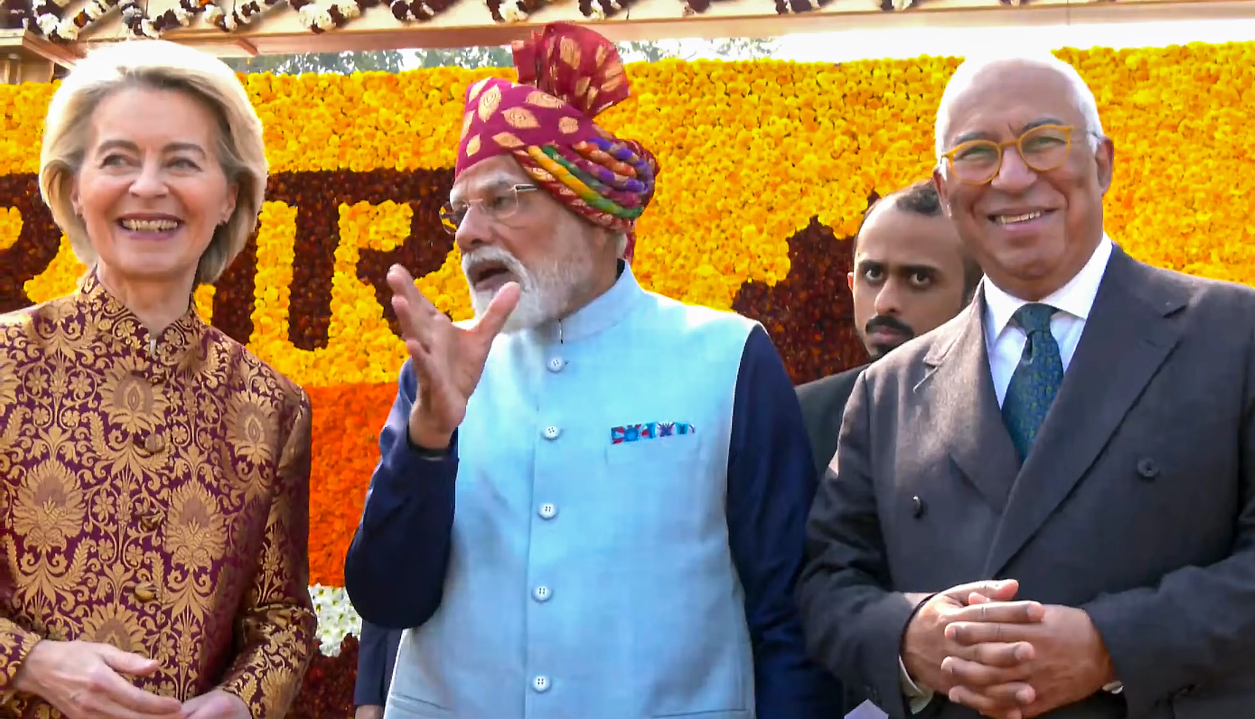 President of the European Commission Ursula von der Leyen, Prime Minister Narendra Modi, and President of the European Council Antonio Costa during the 77th Republic Day Parade, at Kartavya Path in New Delhi | Photo: PTI