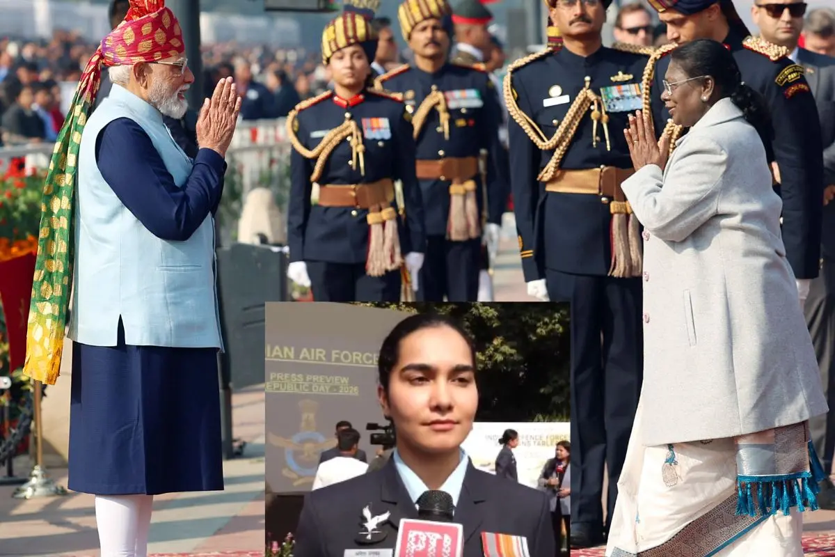 President Droupadi Murmu is being received by Prime Minister Narendra Modi during the national flag hoisting at Kartavya Path on the occasion of the 77th Republic Day celebrations, Flight Lieutenant Akshita Dhankar (Photo: ANI, PTI Screengrab)