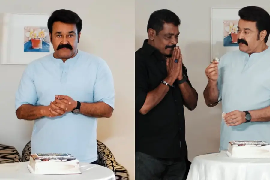 Actor Mohanlal along with wife Suchitra and producer Antony Perumbavoor cutting a cake to celebrate the 26th anniversary of Aashirvad Cinemas.