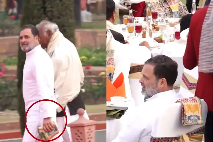 Congress leader Rahul Gandhi is seen placing the gamosa on his chair while walking away with it in hand during the Republic Day ‘At-Home’ reception at Rashtrapati Bhavan