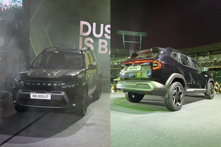 Third-generation Renault Duster 2026 India-spec model showcased with connected LED lights, rugged SUV design, and Mountain Jade Green color.