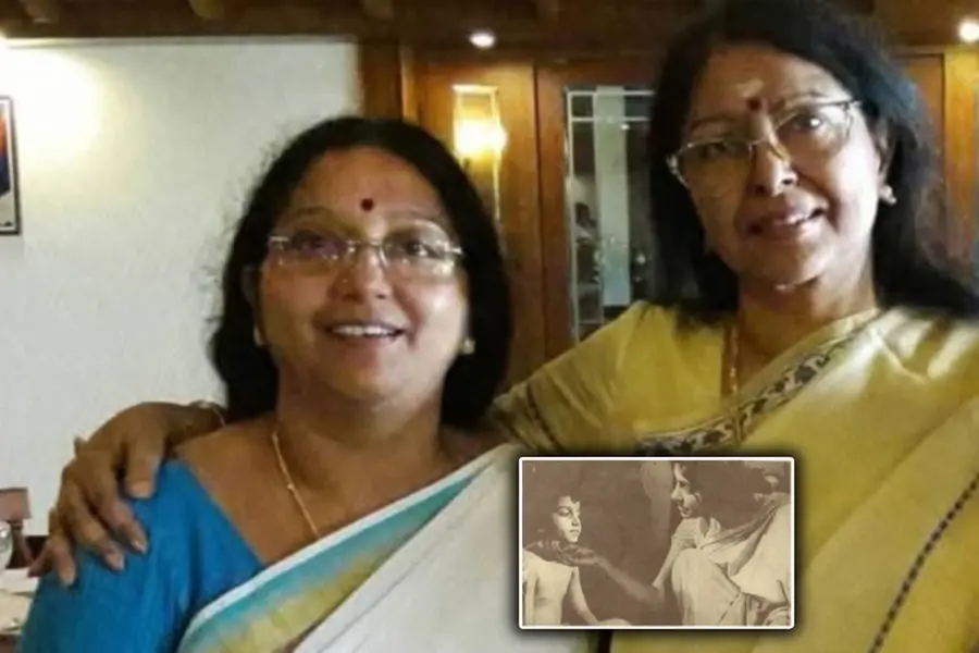 Black and white still of child artist Baby Rajani & Sarada from the 1968 classic film Thulabharam and her current photo with Sarada as she recalls her acting days