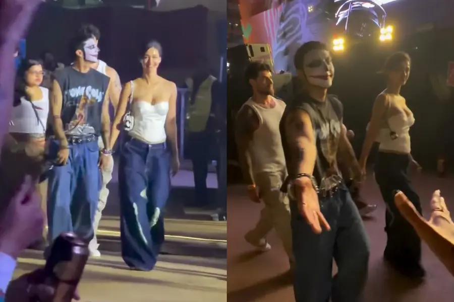 Actress Disha Patani and singer Talwiinder walking hand-in-hand through the crowd at Lollapalooza India 2026 in Mumbai
