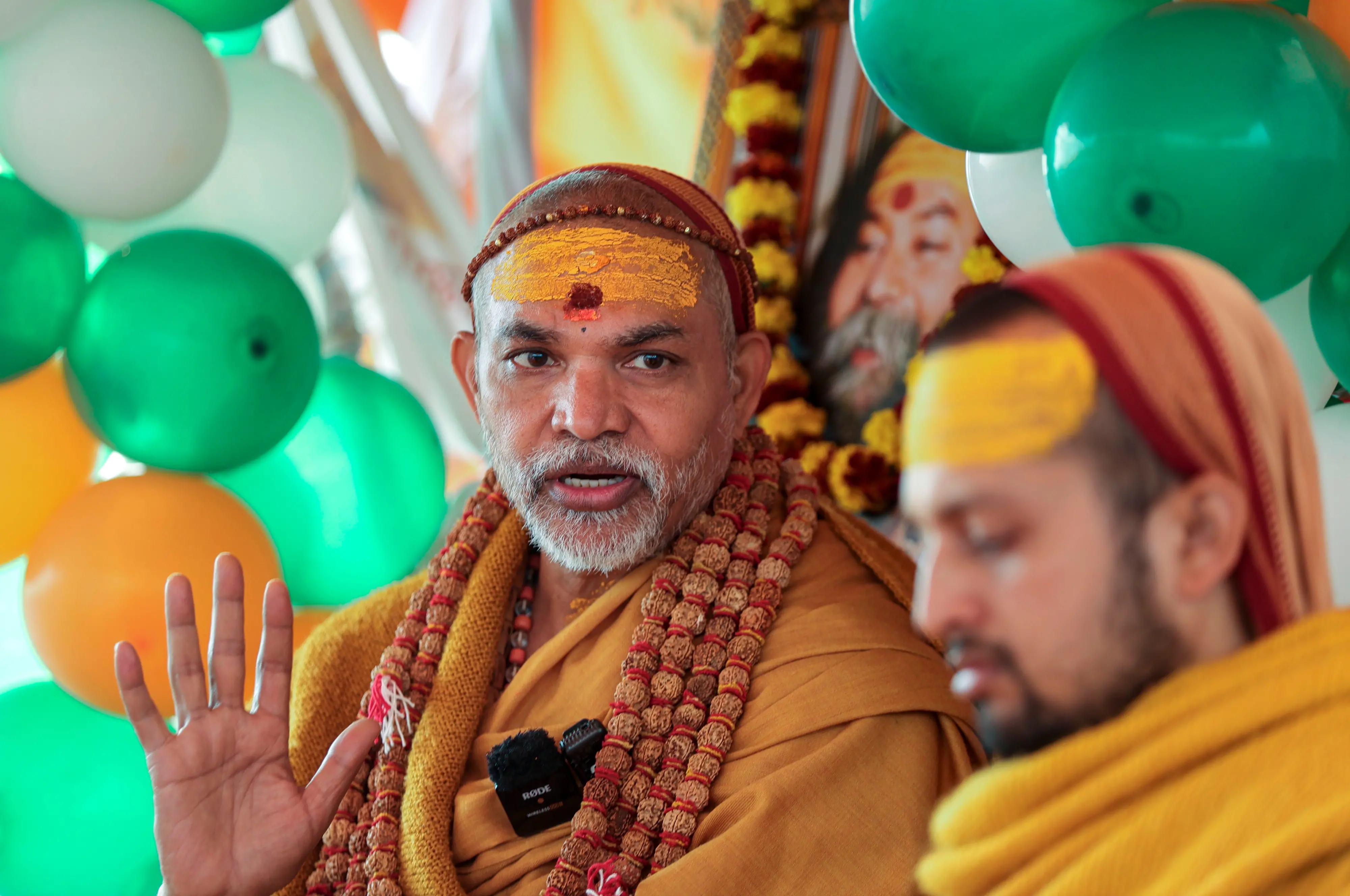 Swami Avimukteshwaranand Saraswati addresses people during the ongoing Magh Mela festival in Prayagraj | Photo: PTI