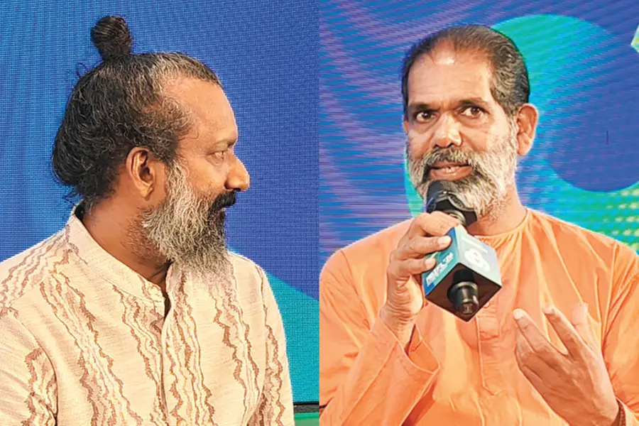 Aruvippuram Math Secretary Swami Sandrananda speaking at the 'Guru Deivam Swathanthryam' discussion organized as part of MBIFL 2026 Book Fair in Thiruvananthapuram