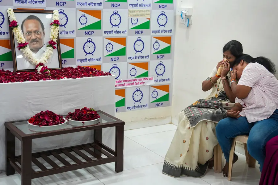 NCP workers mourn the death of party leader and Maharashtra Deputy Chief Minister Ajit Pawar, at the party office in Mumbai