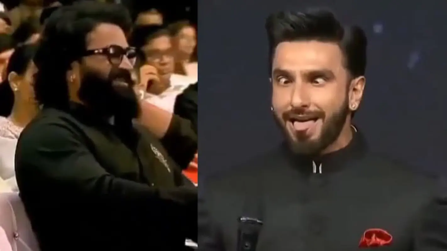 വേദിയിലിരിക്കുന്ന ഋഷഭ് ഷെട്ടി/  കാന്താരയിലെ രംഗം അവതരിപ്പിക്കുന്ന രൺവീര്‍ സിങ്ങ് | Photo:X