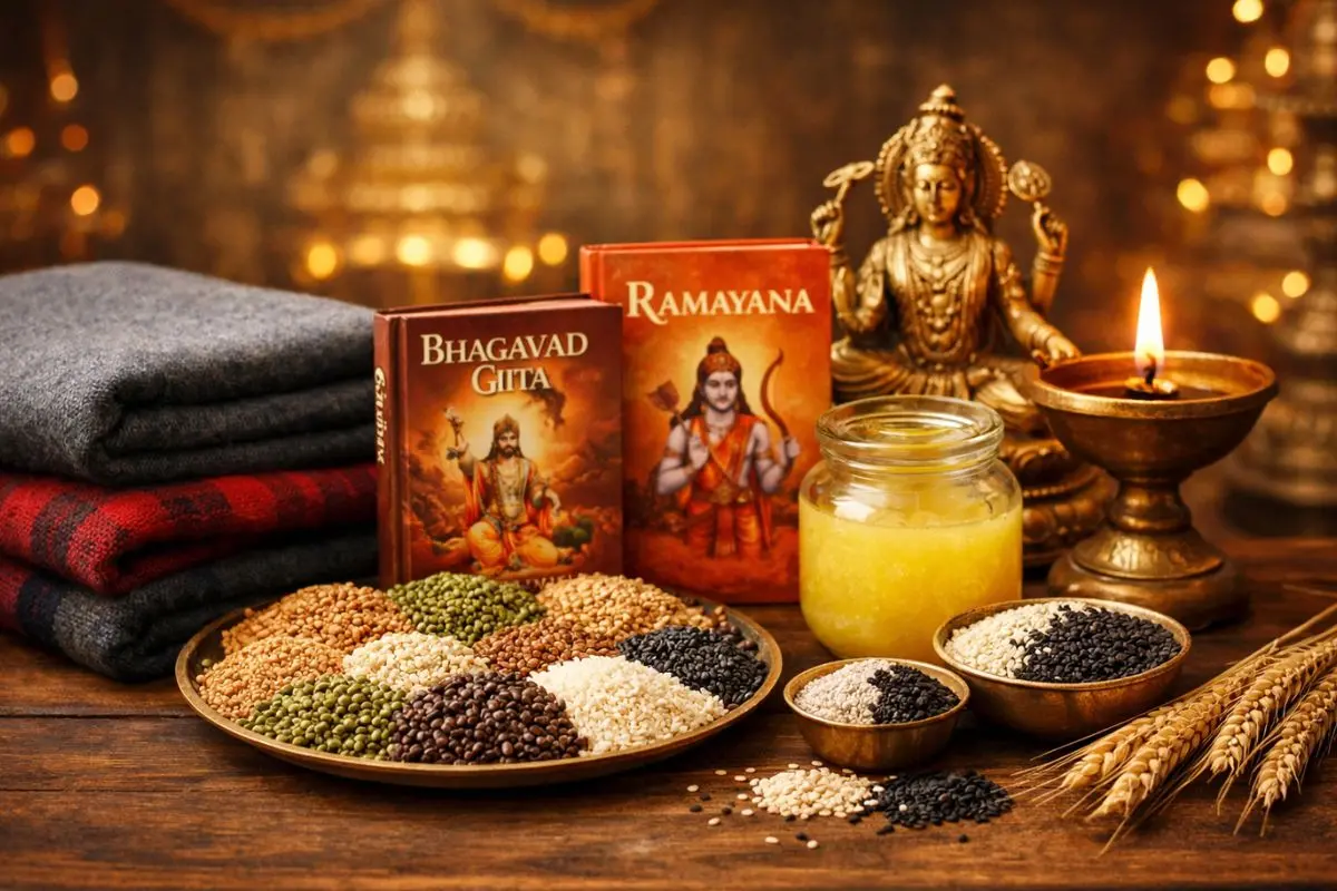 Sacred offerings including grains, ghee, religious texts and a lamp arranged before an idol of Lord Vishnu, symbolising charity and devotion on the auspicious occasion of Jaya Ekadashi. Representative photo: AI