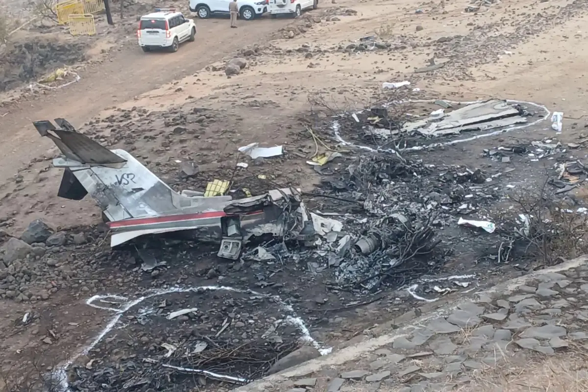 Charred remains of the charter plane at the crash site, in which Maharashtra Deputy Chief Minister Ajit Pawar lost his life | Photo: ANI