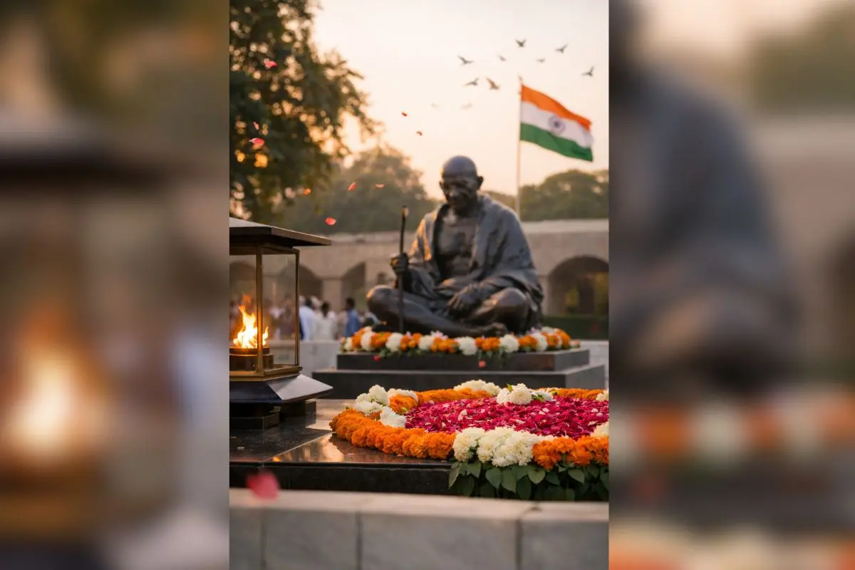 People pay homage at Raj Ghat on Martyrs' Day, marking the death anniversary of Mahatma Gandhi.
