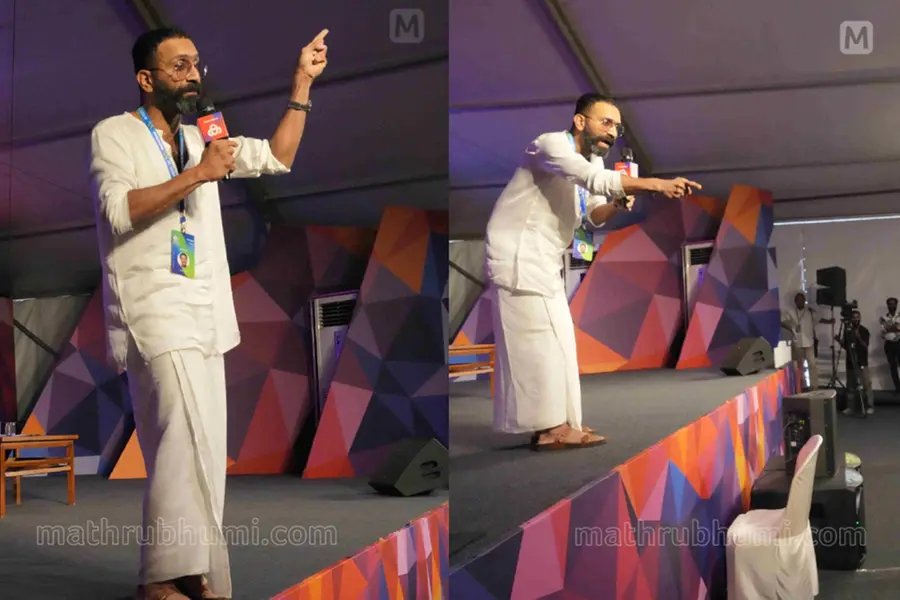 Actor Shine Tom Chacko engaging with the audience during a session titled 'Original Shine' at the Mathrubhumi International Festival of Letters (MBIFL) in Trivandrum.