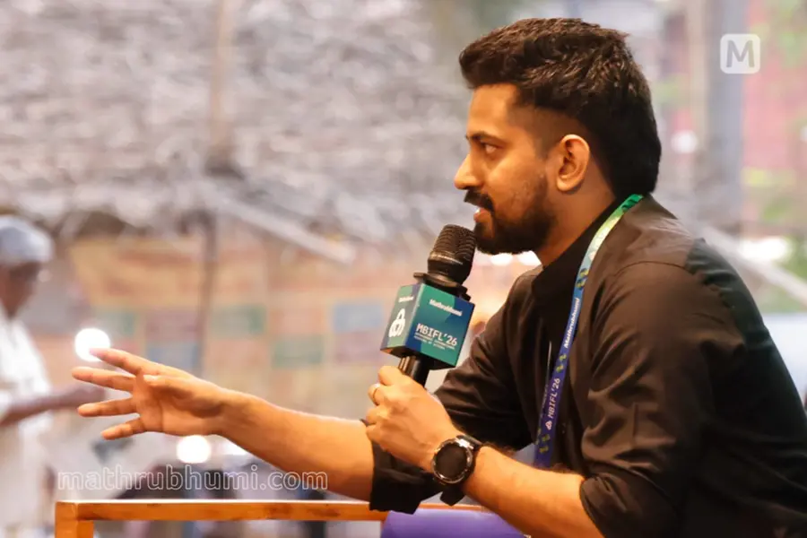 RJ and author Joseph Annamkutty Jose speaking about his latest book 'Arum Kanatha Yudhangal' during a session at the Mathrubhumi International Festival of Letters (MBIFL) 2026