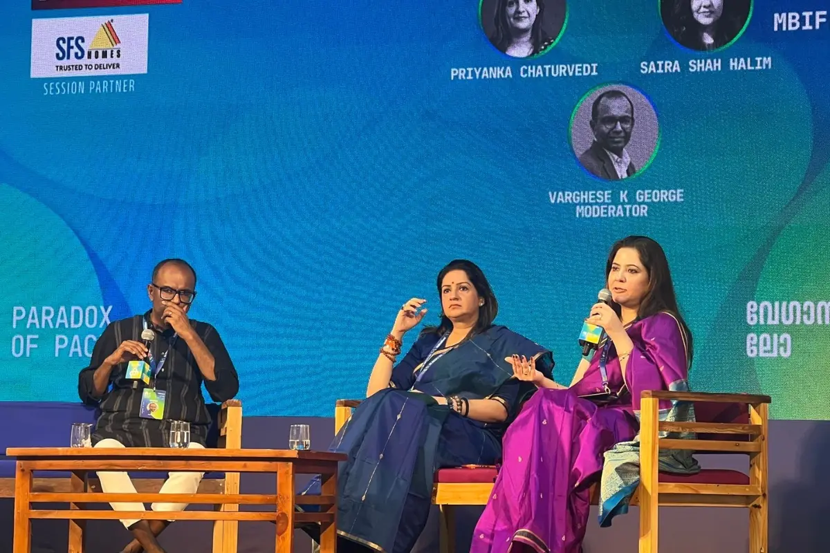 Rajya Sabha MP Priyanka Chaturvedi and social activist Saira Shah at the Mathrubhumi International Festival of Letters (MBIFL) 2026.| Photo: Mathrubhumi