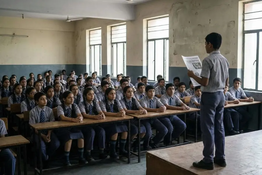 School student reading news headlines in a class