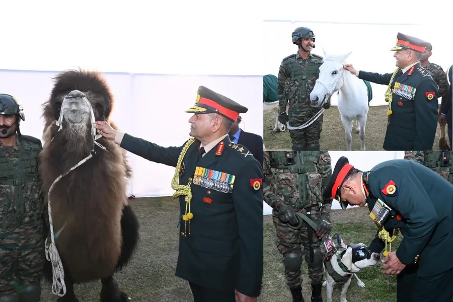 Indian Army`s Chief of Staff honored Bactrian camels, Zanskari ponies, and canine warriors for exceptional service