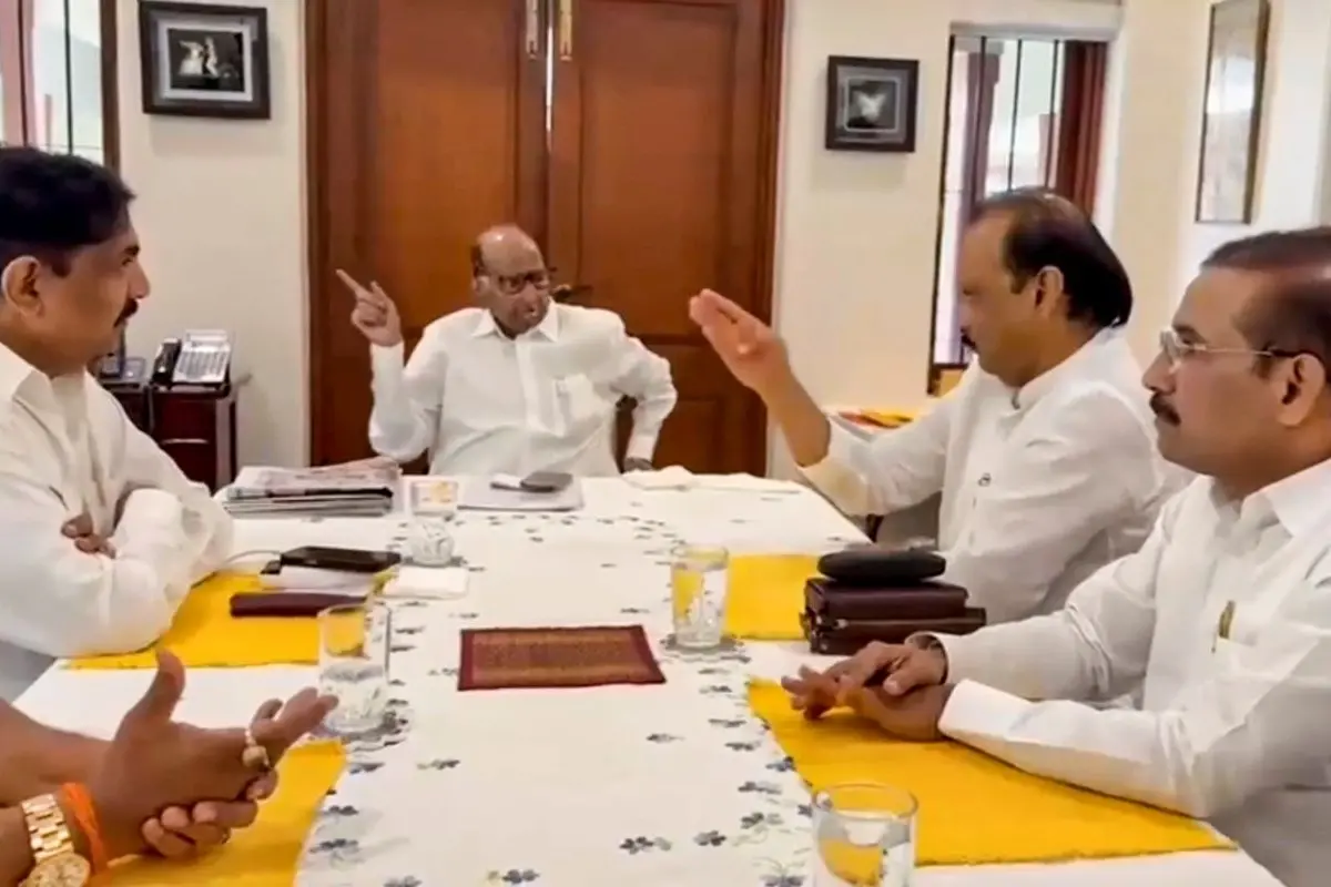Late Maharashtra deputy chief minister and NCP chief Ajit Pawar with NCP (SP) chief Sharad Pawar and others during a meeting, at Baramati, in Pune district