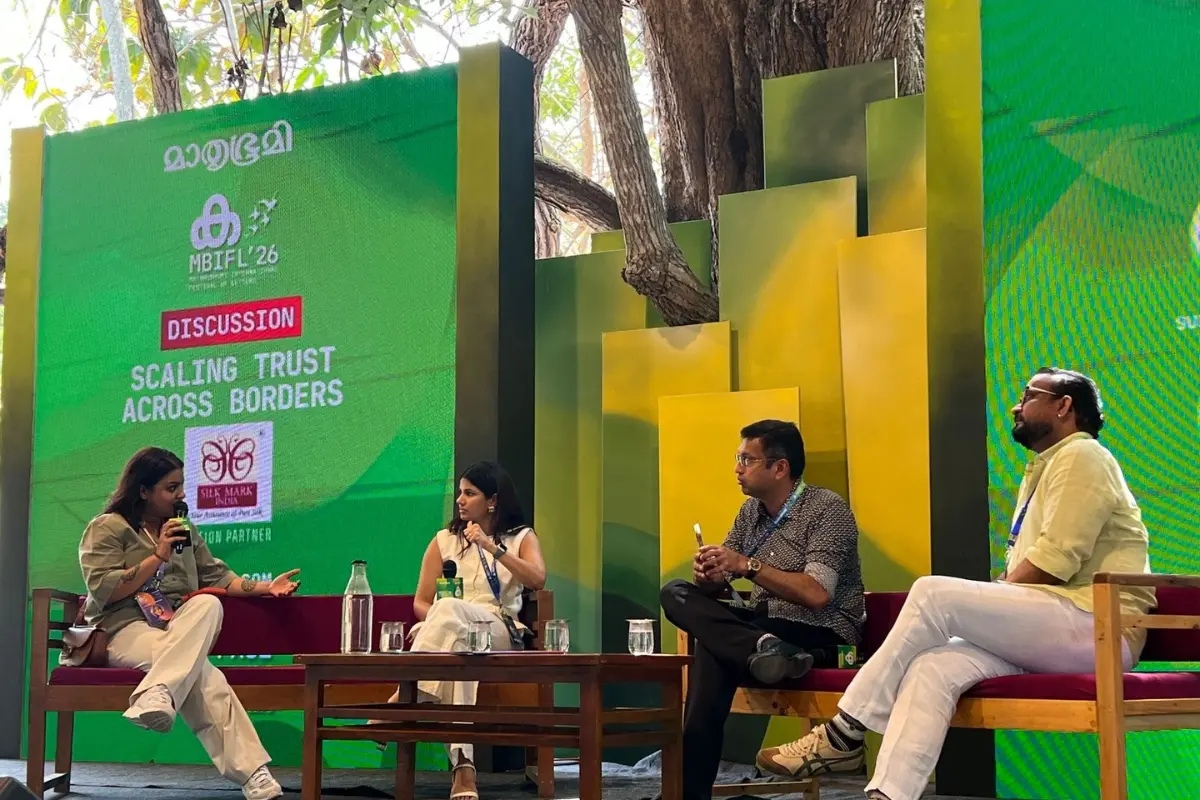 Mayura M S moderates a panel discussion with Prakash Pattabhiraman (Kalyan Silks), V. Nandakumar (Lulu Group) and Suzannah Muthoot (Muthoot Housing Finance Company Ltd.) at the Mathrubhumi International Festival of Letters (MBIFL) 2026 in Thiruvananthapuram.