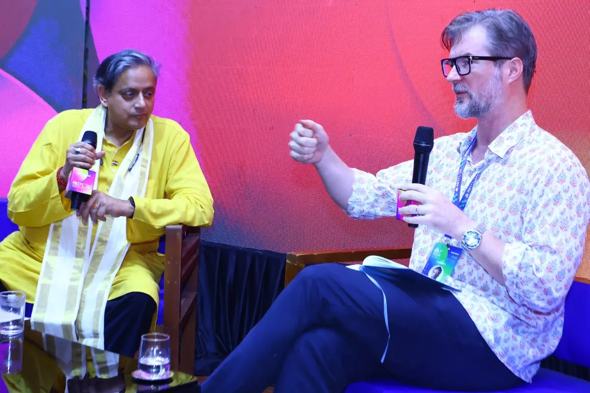 Pulitzer Prize–winning journalist Declan Walsh speaks during the session 'Shadows That Refuse to Fade' with Dr Shashi Tharoor at the Mathrubhumi International Festival of Letters (MBIFL) 2026 in Thiruvananthapuram.| Photo: Mathrubhumi