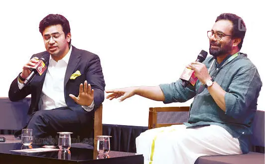 എം.പി. തേജസ്വി സൂര്യയും സി.പി.എം. എം.പി. ജോൺ ബ്രിട്ടാസും 'ലെഫ്റ്റ് റൈറ്റ് ആൻഡ് സെന്റർ: ദി പാരഡോക്സ് ഓഫ് പൊസിഷൻസ്' എന്ന സംവാദത്തിൽ
